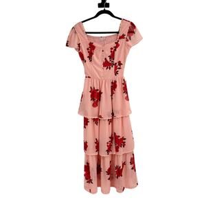 NWT Ivy City Co. Dress Pink Romantic Red Rose Smocked Tiered Dress Size XS